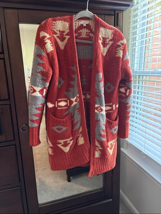 Poof! Sweaters - Cozy Rust Red Aztec Open-Front Cardigan Sweater